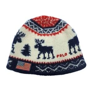 Vintage POLO RALPH LAUREN Wool Knit Beanie Hat Nordic Fair Isle Moose USA Flag